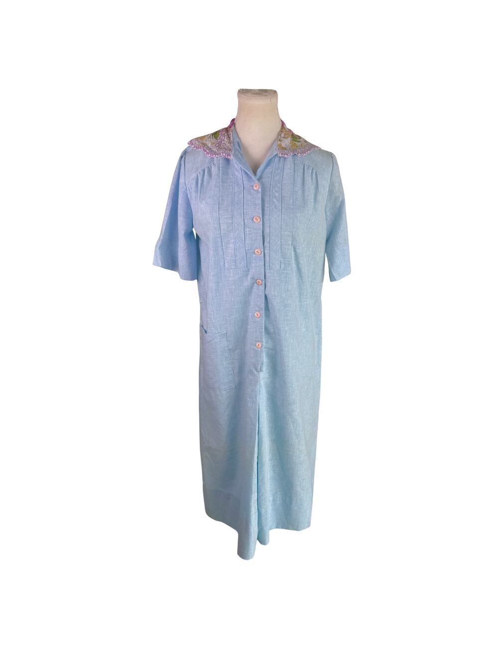 Volup Vintage 50s Sky Blue Scallop Floral Collar Cotton House Shirt Dress XL
